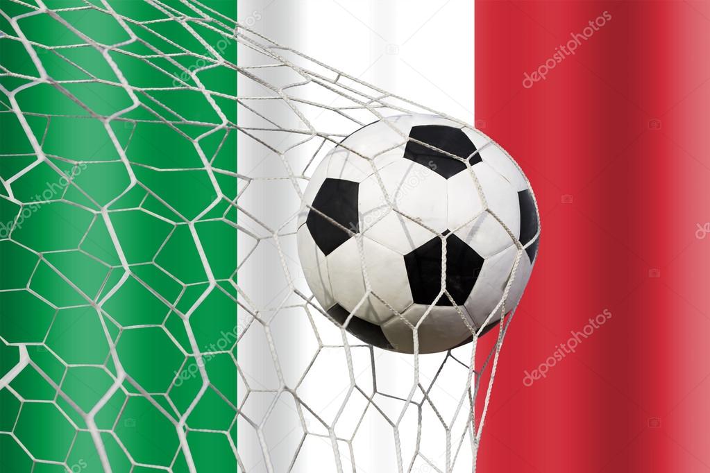 Italy waving flag and soccer ball in goal net