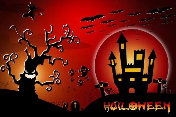 Halloween design background with spooky graveyard, naked trees, — Stock Photo, Image