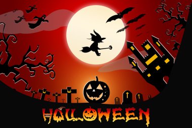 Cadılar Bayramı tasarım arka plan korkunç mezarlık, çıplak ağaçlar ile, 