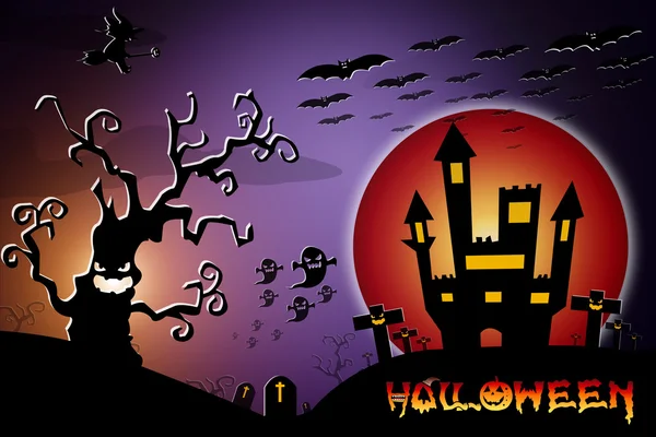 Halloween design background with spooky graveyard, naked trees, — Stock Photo, Image