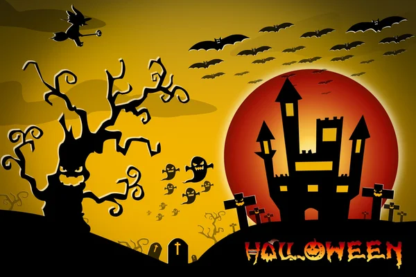 Halloween design de fundo com cemitério assustador, árvores nuas , — Fotografia de Stock