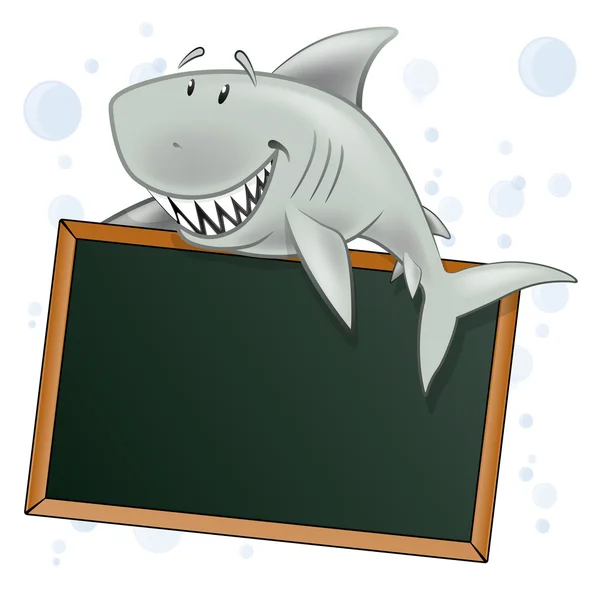 Niedliche Hai-Figur mit leerem Schild. — Stockvektor