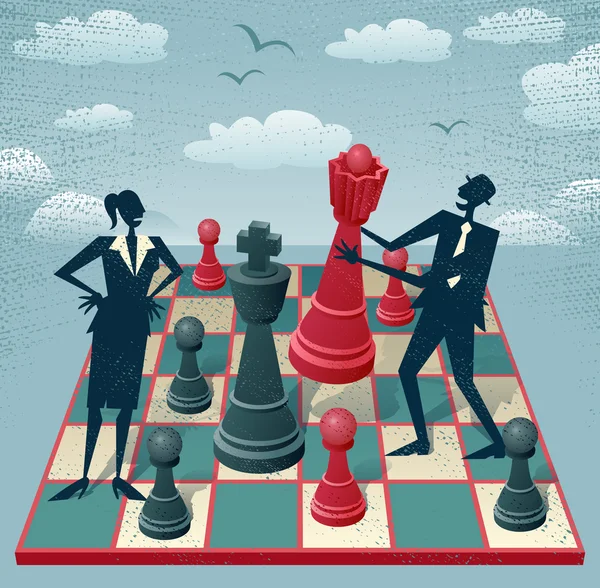 Abstrakter Geschäftsmann und Geschäftsfrau spielen Schach. — Stockvektor