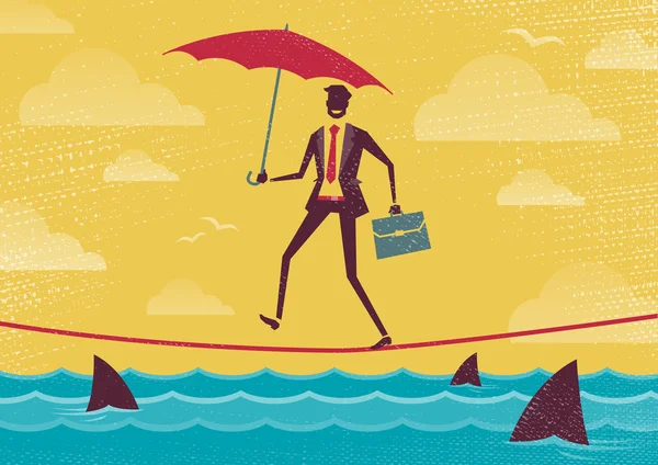Επιχειρηματίας περπατά τεντωμένο σχοινί με ομπρέλα. — Διανυσματικό Αρχείο