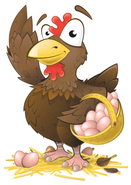 Χαριτωμένο κοτόπουλο με καλάθι με φρέσκα αυγά — Φωτογραφία Αρχείου