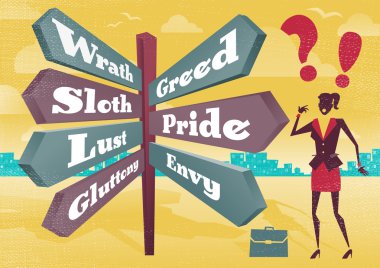 Businesswoman Contemplates 7 Deadly Sins Sign Post Dilemma. clipart