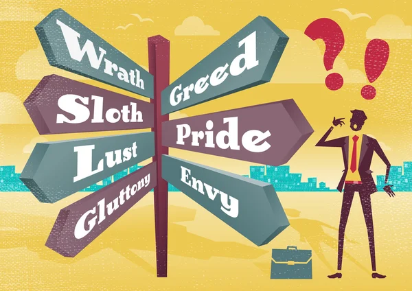 Businessman Contemplates 7 Deadly Sins Sign Post Dilemma. — Stock Vector