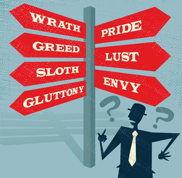 Abstract Businessman at Seven Deadly Sins Signpost. — Stock Vector