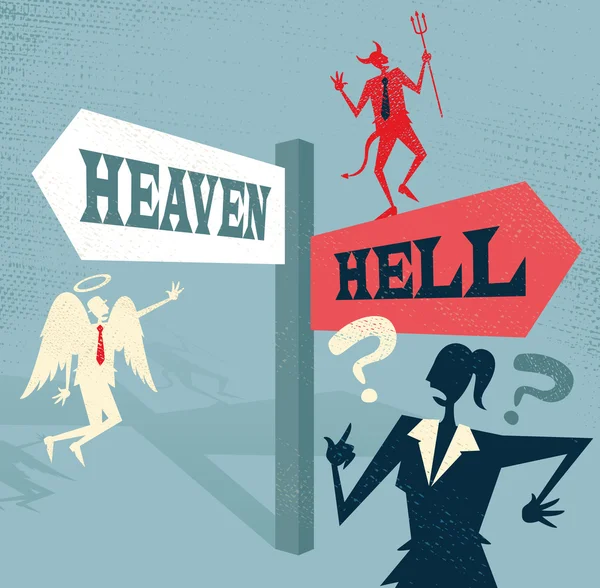 Abstract Businesswoman at Heaven and Hell Signpost. — Stock Vector