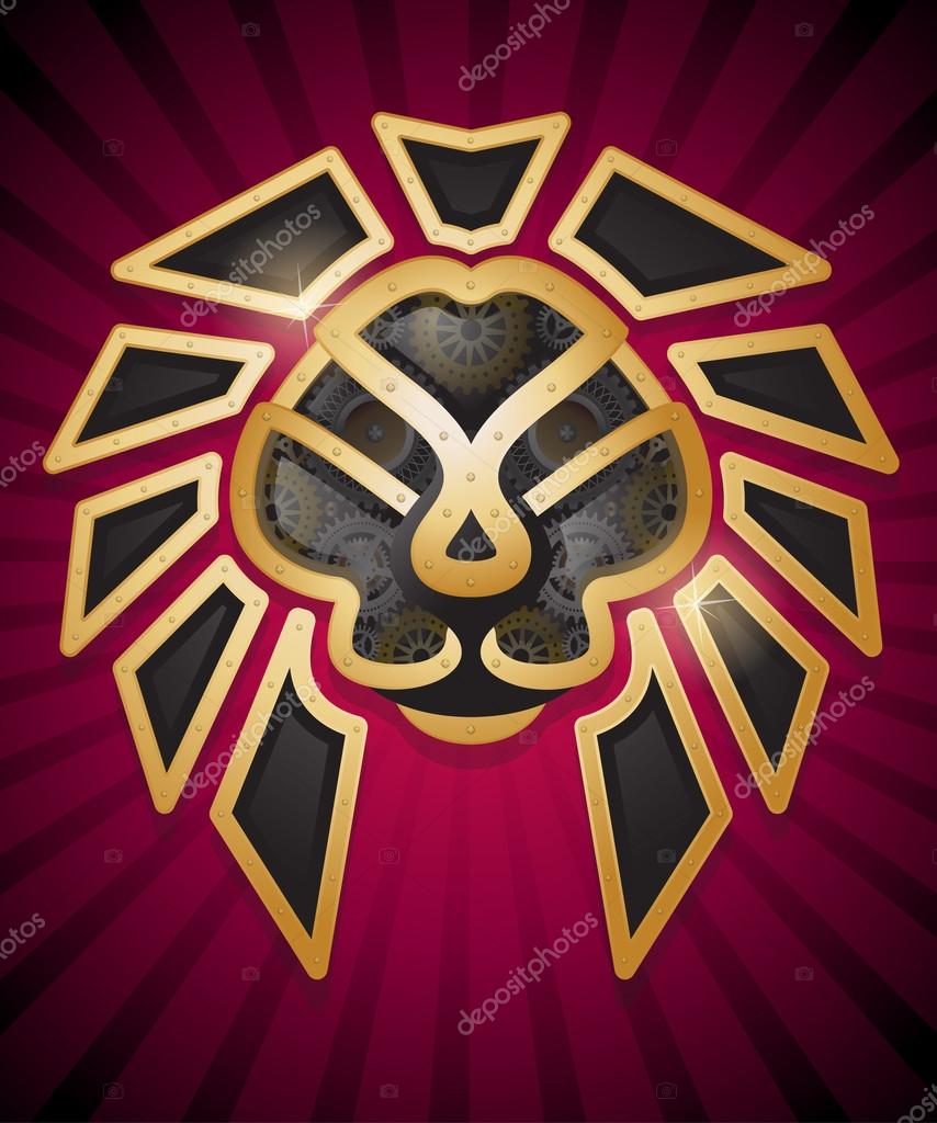 Steampunk Style Lion Head in Metal, Gold and Cogs. Vector Illustration