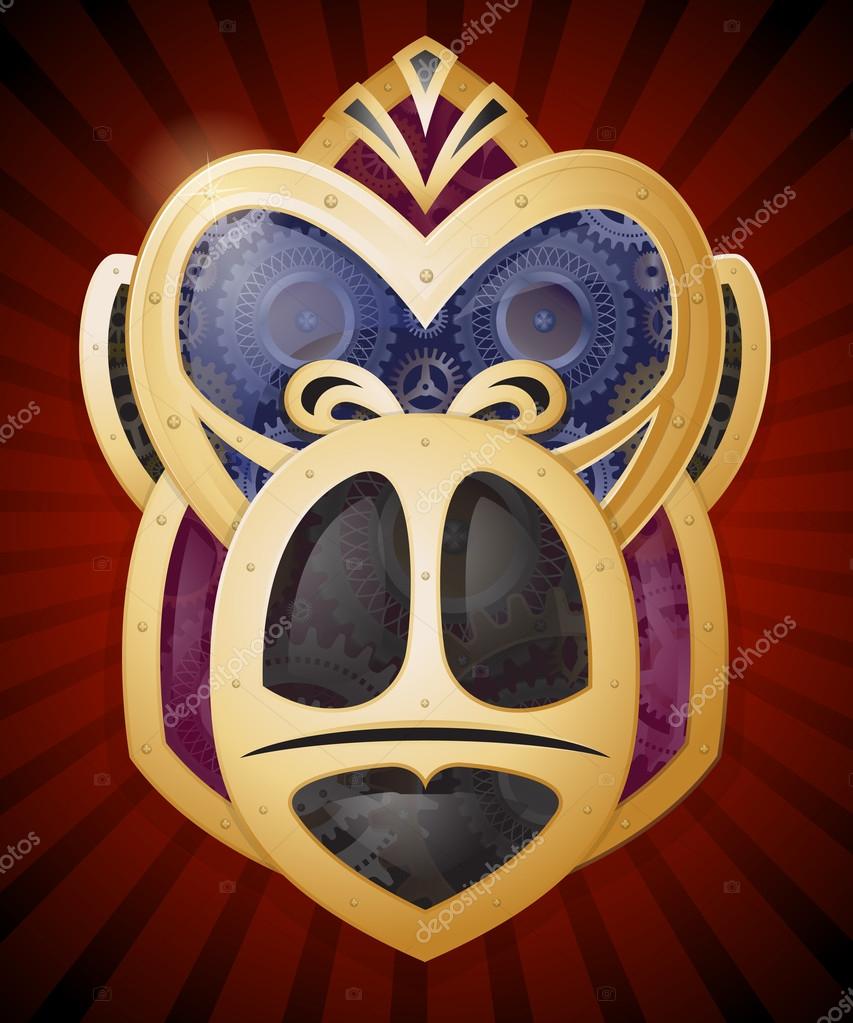 Steampunk Style Gorilla Head in Metal, Gold and Cogs. Vector illustration