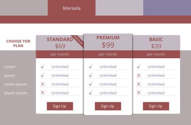 Web siteleri ve uygulamaları, renk marsala için fiyatlandırma planları