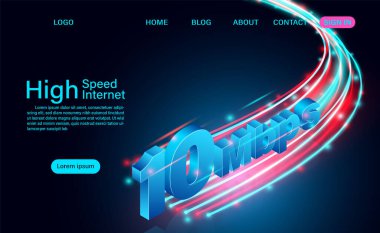 Yüksek hızlı internet kavramı. Küresel genişbant ağlarında 10 Mbps hız. izometrik düz tasarım vektör çizimi