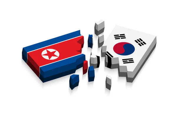 Kuzey Kore ve Güney Kore 3d bayrağı ( hasarlı bayraklar ) ( üç boyut vektör ) — Stok Vektör