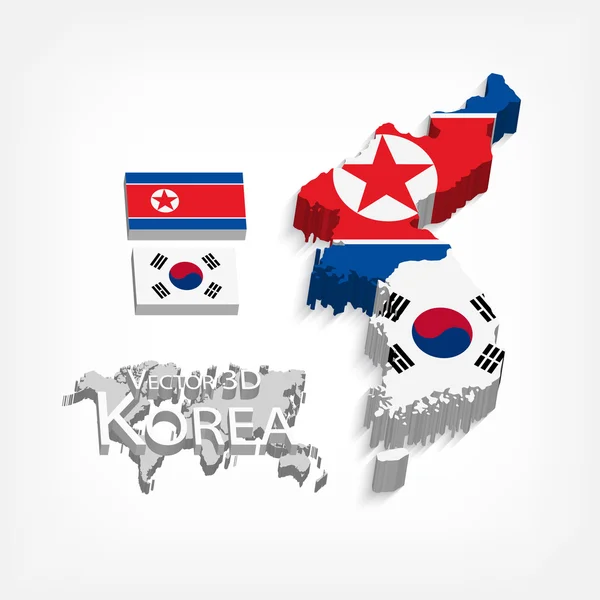 Észak-Korea (Koreai Népi Demokratikus Köztársaság) és Dél-Korea 3D (Dél-Koreai Köztársaság) (zászló és térkép) (közlekedési és idegenforgalmi koncepció ) — Stock Vector