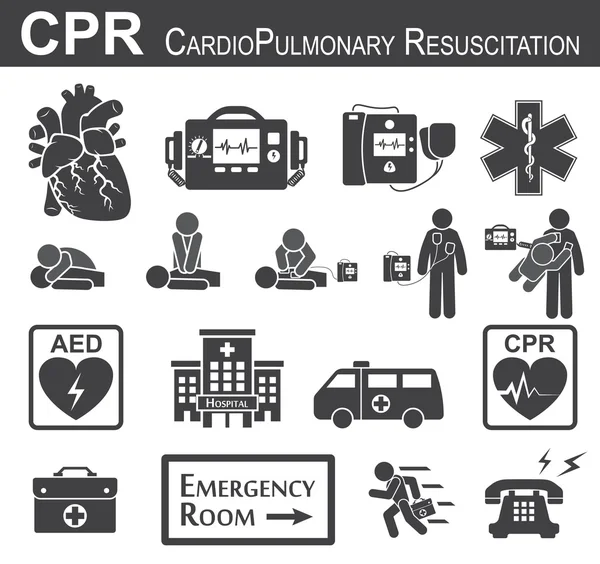 Cpr (心肺蘇生) アイコン ( 黒と白 , フラットデザイン ) , 基本的な生命維持 ( Bls ) と高度な心臓生命維持 ( Acls ) ( 口から口へ , 胸の圧縮 , 除細動 ) — ストックベクタ