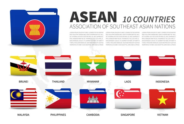 Asean Asociace Národů Jihovýchodní Asie Členství Návrh Příznaků Složky Pozadí — Stockový vektor