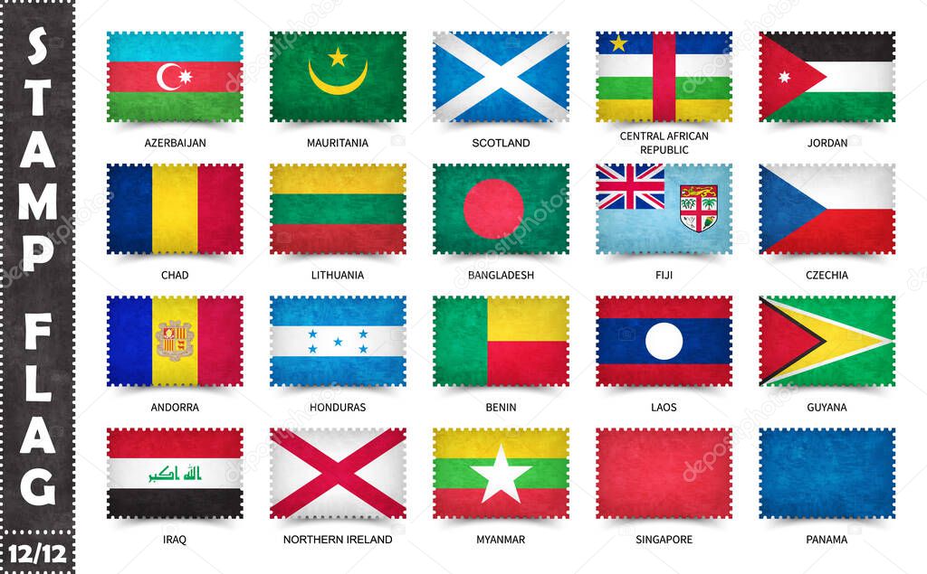 Stamp with official country flag pattern and old grunge texture and countries name . Rectangle shape . Vector . Set 12 of 12 on this series ( All national flags of the world ) .