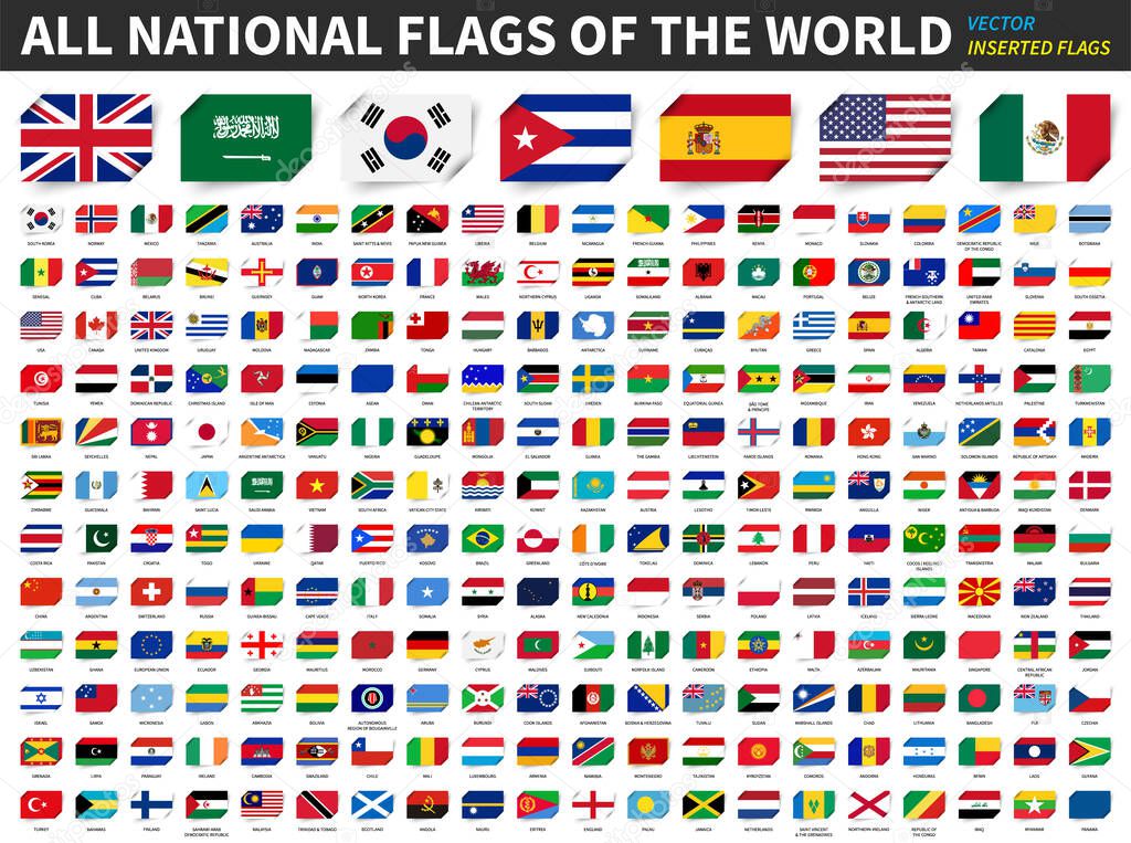 All national flags of the world . Inserted paper flag design . Element vector .