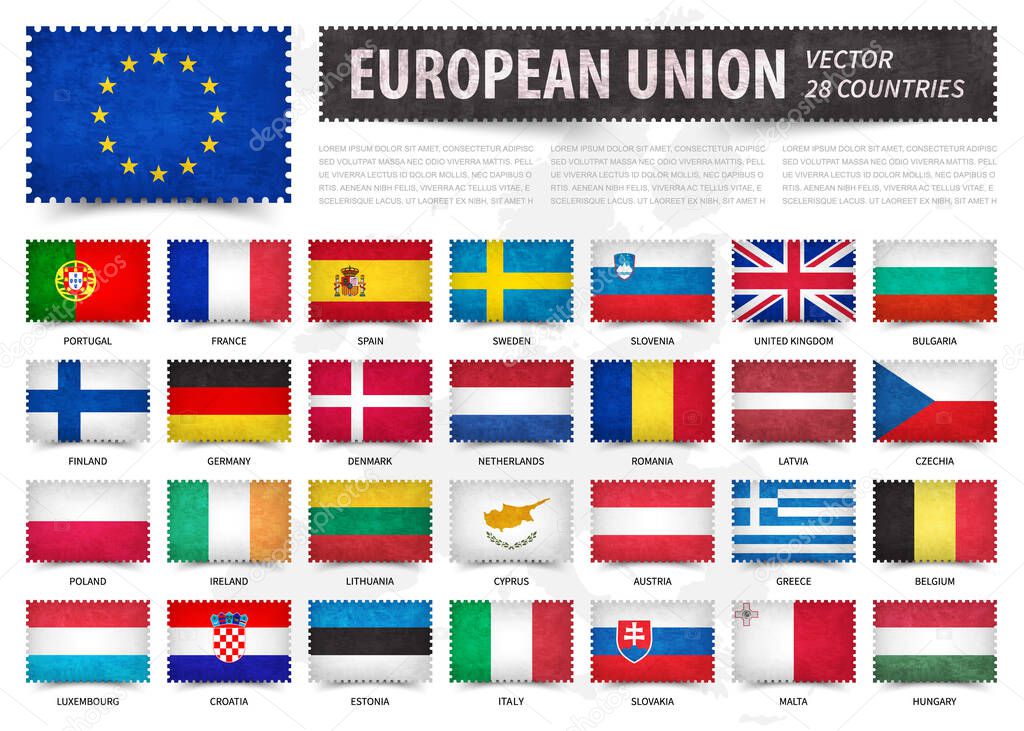 European union . EU . And membership country flag . Stamp shape with grunge paper texture . White isolated background with europe map . Element vector