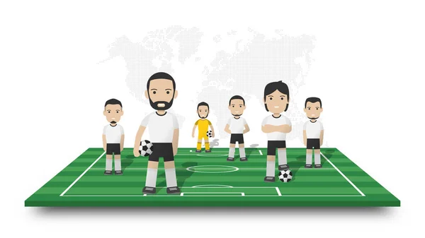 Fotbalový Tým Stojí Fotbalovém Hřišti Tečkovaná Mapa Světa Bílém Izolovaném — Stockový vektor