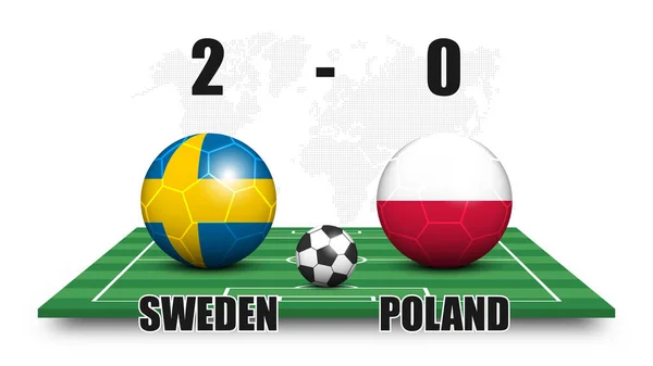 Schweden Gegen Polen Fußball Mit Nationalflaggenmuster Auf Dem Perspektivischen Fußballplatz — Stockvektor