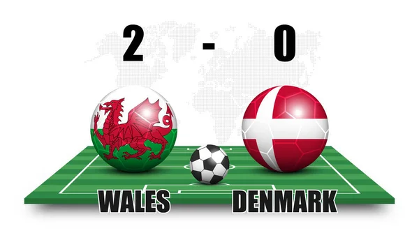 Wales Gegen Dänemark Fußball Mit Nationalflaggenmuster Auf Dem Perspektivischen Fußballplatz — Stockvektor