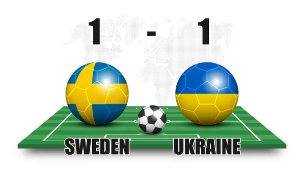 Schweden Gegen Ukraine Fußball Mit Nationalflaggenmuster Auf Dem Perspektivischen Fußballplatz — Stockvektor
