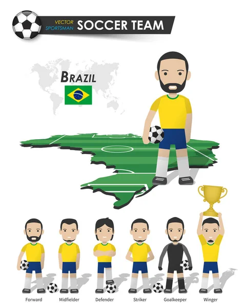 Brazilský Národní Fotbalový Tým Fotbalista Sportovním Dresem Stojí Perspektivní Mapě — Stockový vektor