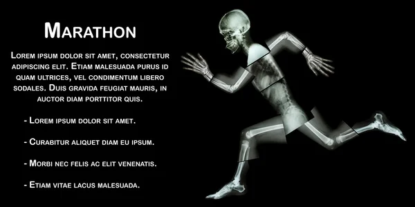 Maratón (hueso humano corre), (Radiografía de cuerpo entero: cabeza, cuello, hombro, brazo, codo, antebrazo, mano, dedo, articulación, tórax, abdomen, espalda, pelvis, cadera, muslo, pierna, rodilla, pie, talón ) — Foto de Stock