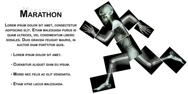 Marathon (menschlicher Knochen läuft), (Ganzkörper-Röntgen: Kopf, Hals, Schulter, Arm, Ellbogen, Unterarm, Hand, Finger, Gelenk, Brustkorb, Bauch, Rücken, Becken, Hüfte, Oberschenkel, Bein, Knie, Fuß, Ferse) — Stockfoto