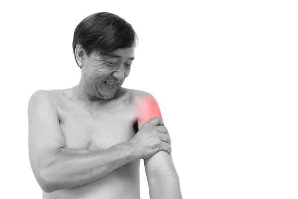 "Estirpe muscular "Homem tailandês velho agarrar o braço. E área em branco — Fotografia de Stock