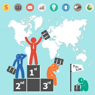 Businessman is winner and world map and business icon ( Flat design ) clipart