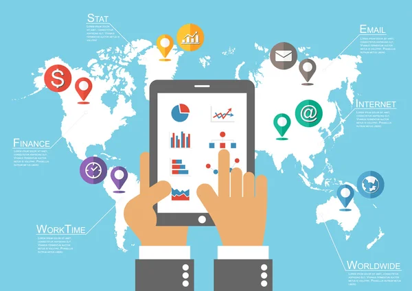 Empresário segura tablet e mapa do mundo com ponteiro de localização (vetor infográfico  ) —  Vetores de Stock
