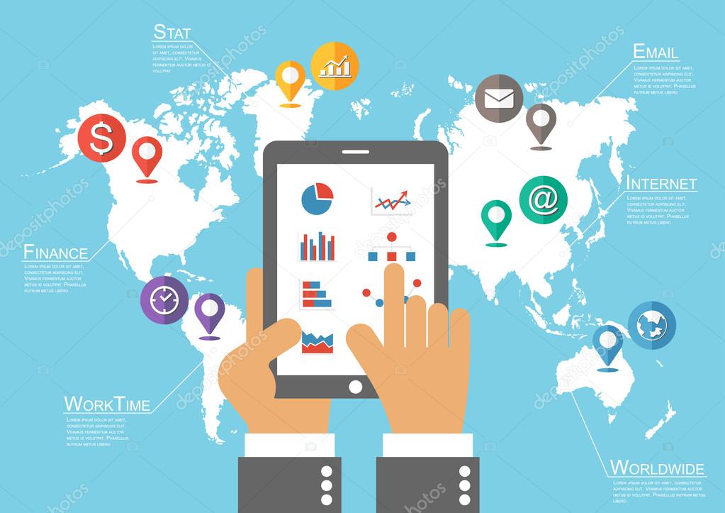 Businessman hold tablet and world map with location pointer ( Infographic vector )