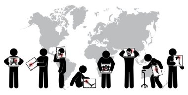 Stick man hold monitör ekranı :show iskelet,dünya haritası ( Dünya Çapında Sağlık kavramı )( Akciğer Tüberkülozu , Artrit , Servikal spondiloz , Lomber spondilolistez , Skolyoz , İnme )