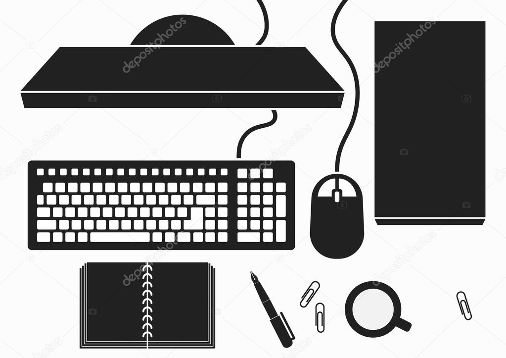 Desktop with Computer PC , keyboard , mouse , case , disk drive , monitor screen , book , pen , cup , paper clip ) ( Silhouette ) ( Bird eye view ) ( Modern style ) ( Electric appliance )
