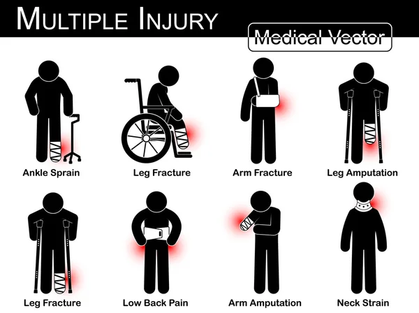 Multiple injury set ( Ankle sprain , Leg fracture , Arm fracture , Leg amputation , Leg fracture , Low back pain , Arm amputation , Neck strain )( Vector Medical stick man , physical therapy concept ) — Stock Vector