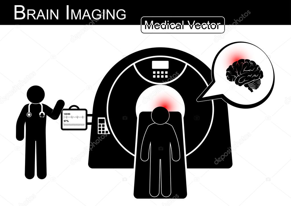Brain Imaging .  Patient lie on CT scanner for diagnosis of brain disease ( Hemorrhagic or Ischemic stroke , Brain tumor , Brain abscess , etc ) ( Black & white  Flat design )( health care concept )