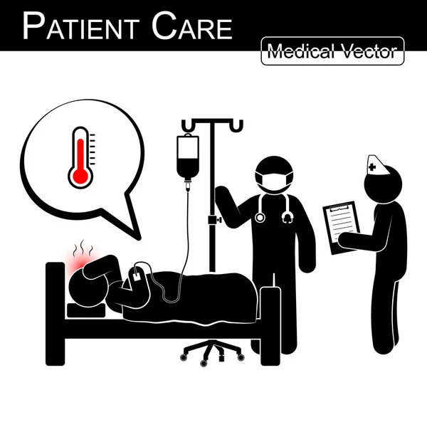 Γιατρό και νοσοκόμα φροντίδα ασθενή στο νοσοκομείο (ασπρόμαυρη, επίπεδη σχεδίαση) ιατρικό φορέα και επιστήμη έννοια — Διανυσματικό Αρχείο