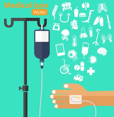 Kutuplu tuzlu çözelti torbası, hastanın eli, Iv tüp, tıbbi simge (ambulans, tekerlekli sandalye, ilaç, ilaç, grafik, termometre, baston, cerrahi bıçak, stetoskop, organ, akciğer, omurga )