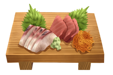 Ahşap geta üzerine çizilmiş sashimi 'nin elle çizilmiş gerçekçi suluboya çizimi dilimlenmiş ton balığı, maguro, sarı kuyruk ya da hamachi, shiso yaprakları, wasabi ve parçalanmış daikon içerir. İzole edilmiş.