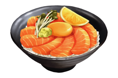 Dilimlenmiş sashimi, limon, wasabi, lahanalı taze somon balığı ve çiğ yumurta sarısı içeren el yapımı gerçekçi suluboya çizimi. Şeffaf arkaplan.