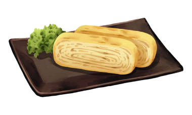 Tamagoyaki Japanese rolled omelet on black plate, realistic hand-drawn watercolor painting. Premium Japanese seafood illustration. Transparent background.