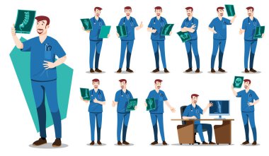 Mavi önlüklü erkek ortopedist doktor karakter setinde. Kafatası ve omurga da dahil olmak üzere çeşitli kemik röntgenleri içeriyor. Ortopedi kliniği, cerrahi ve radyoloji bölümü tasarımı için ideal..