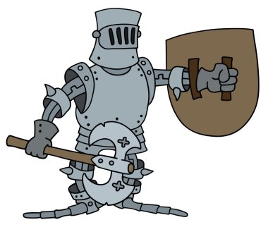 Komik knight ile bir balta ve kalkan