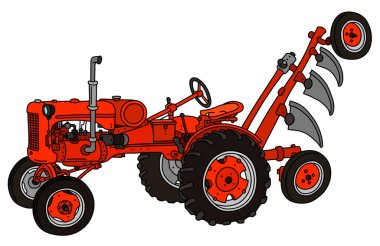Vintage kırmızı bir traktörün sabanla çizilmiş vektörlü el çizimi.