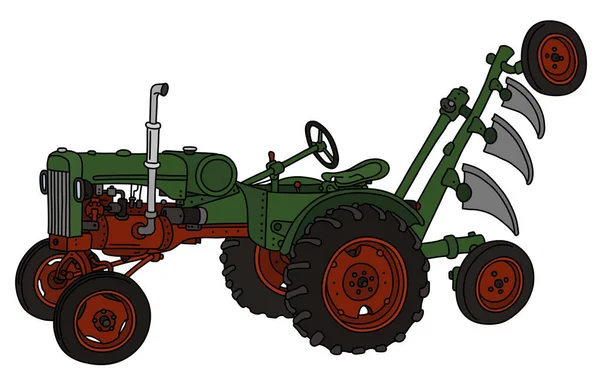 Dibujo Vectorizado Mano Tractor Verde Vintage Con Arado — Vector de stock