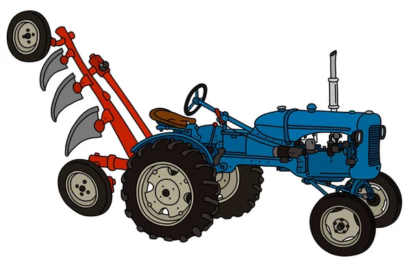 Die Vektorisierte Handzeichnung Eines Blauen Traktors Mit Rotem Pflug — Stockvektor