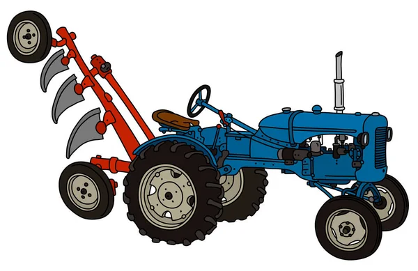Векторизированный Ручной Рисунок Винтажного Синего Трактора Красным Плугом — стоковый вектор